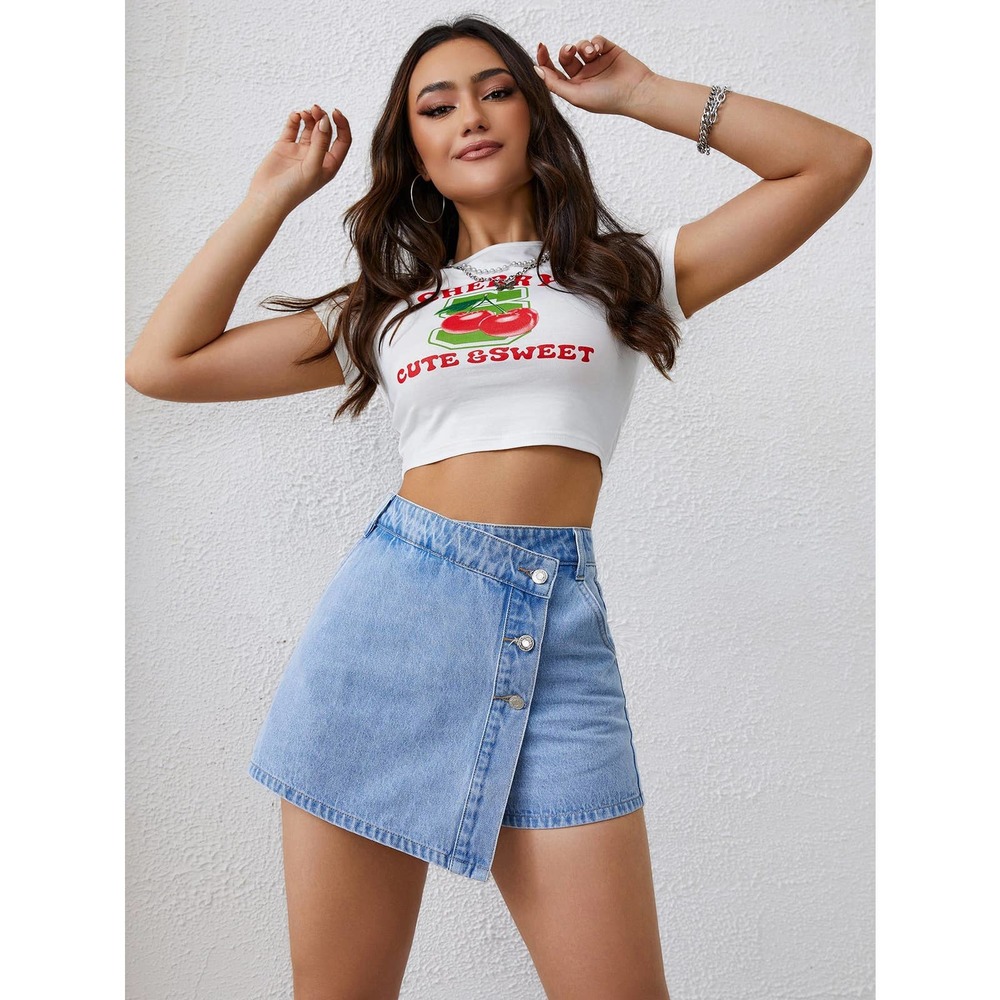 Boho Minimalist High Waist Jean Button Front Denim Skort